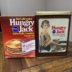 Vintage 1980's Pillsbury Hungry Jack Buttermilk Pancake Tin W/NOS Pancake Mix